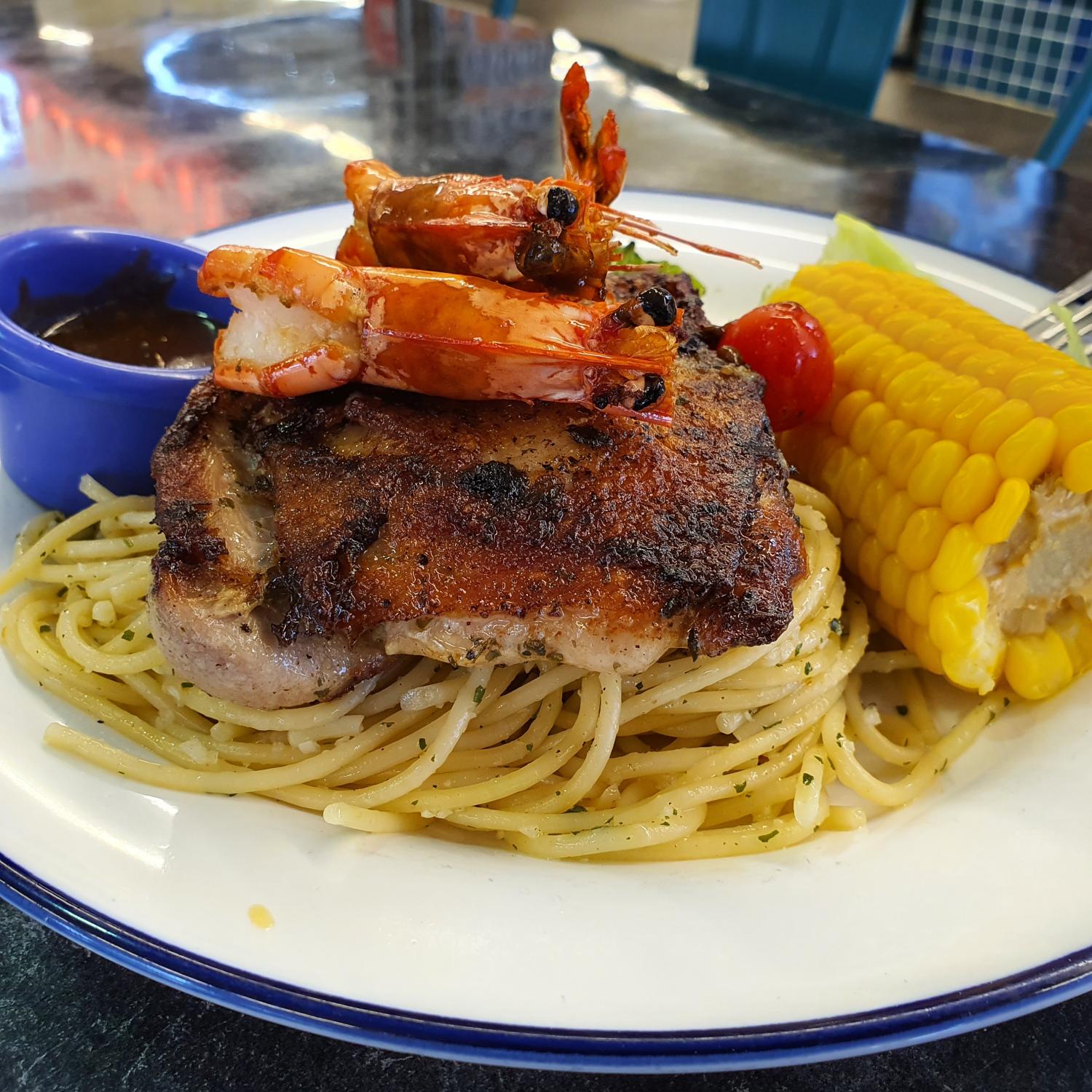 Charboiled Chicken Chop with Grilled Prawn