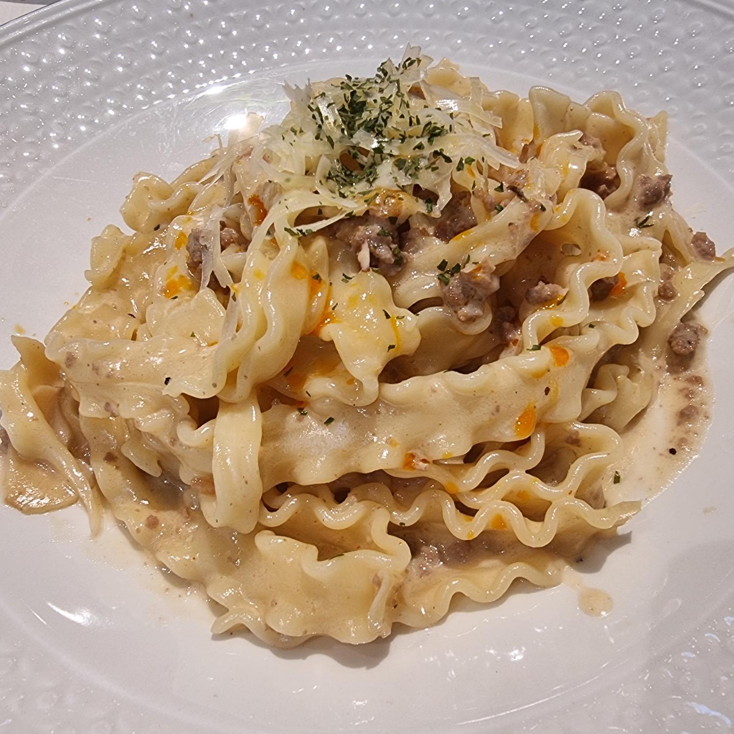 Malfada Pasta with Beef White Bolognese