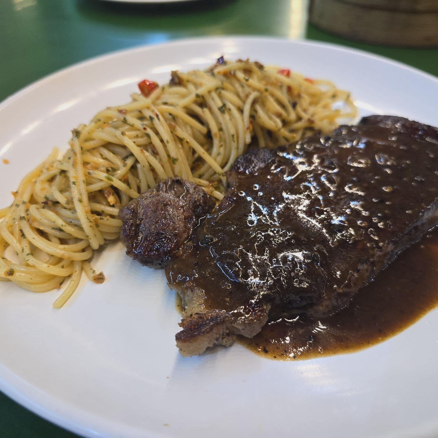 Grilled Striploin with Aglio Olio